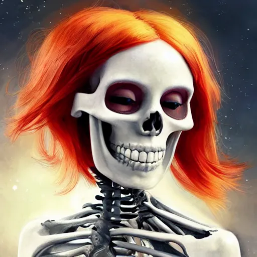 Image similar to cute & beautiful smug smiling undead skeleton girl with very attractive face and red hair dressed as a scientist, elegant, digital art, fullbody painting, fantasy, pixar style, painting, pin up, highly detailed, artstation, art by artgerm, vrubel, greg rutkowski, ilya kuvshinov, raymond swanland