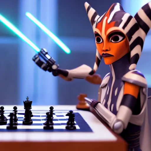 Prompt: Ahsoka Tano playing chess against Darth Vader in The Clone Wars season 7, dslr, wide angle,