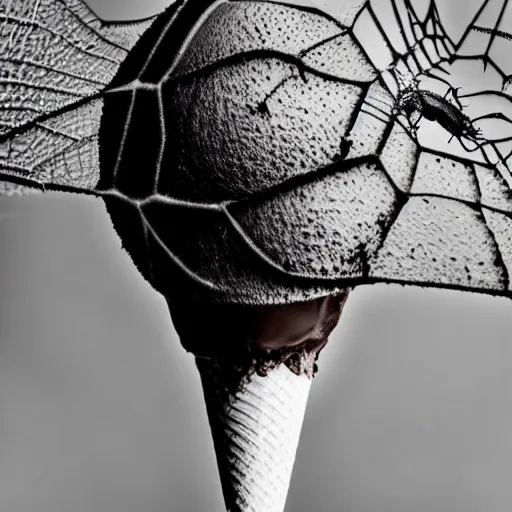 Prompt: detailed, textured photograph of a levitating chocolate ice cream cone with huge, hairy spider legs at the bottom! dramatic light.