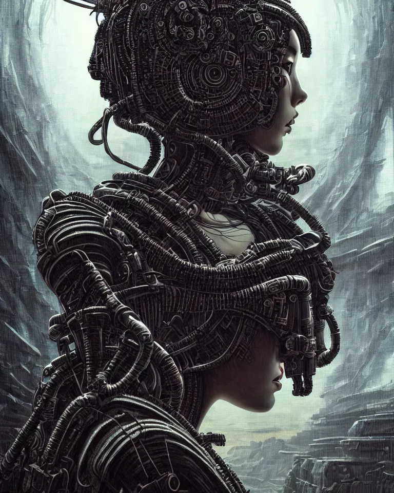 Prompt: ultra realist intricate detailed portrait of a dark samurai cyberpunk girl in an alien landscape, insanity, accurate features, apocalyptic, very intricate details, 8 k resolution, dim lighting, volumetric lighting, artstyle, brian despain and caspar david friedrich, award winning