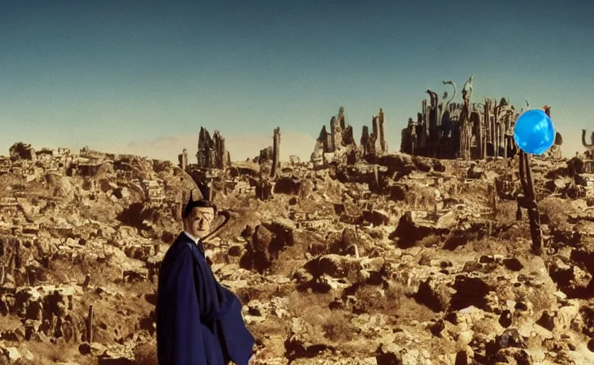 Image similar to salvador dali wearing a great crown with blue jewels and a scepter in a dry rocky desert landscape, visible sky and sunny atmosphere, alien city ruins in the background, film still from the movie by alejandro jodorowsky with cinematogrophy of christopher doyle and art direction by hans giger, anamorphic lens, kodakchrome, very detailed photo, 8 k