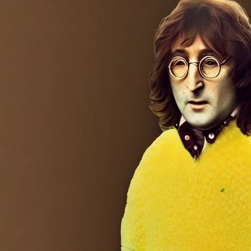 Image similar to john lennon inside a lemon costume, ultra realistic, highly detailed, colorized, 4 k