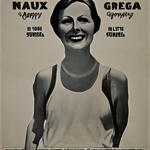 Image similar to a 1 9 2 8 poster. happy, healthy, smiling, sporty, glowing greta garbo in athletic wear.