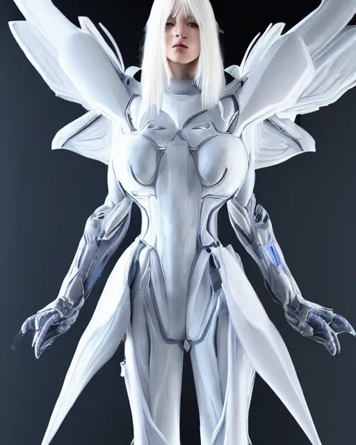 Image similar to perfect white haired attractive alien being with huge white dove wings, warframe armor, beautiful, symmetric, dreamy, half asian, pretty face, blue eyes, detailed, scifi platform, laboratory, experiment, 4 k, ultra realistic, epic lighting, android body, illuminated, cinematic, masterpiece, art by akihito tsukushi, voidstar