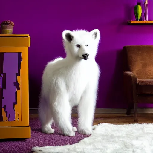 Image similar to A photo of a white fur monster standing in a purple room