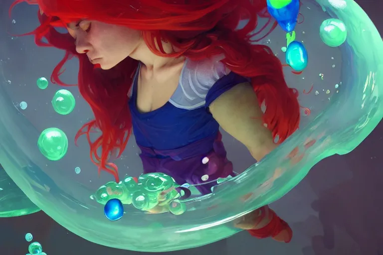 Image similar to madeline from celeste jumping into a green jelly bubble wearing a blue bubble jacket has a red long hair, highly detailed, digital painting, artstation, concept art, sharp focus, illustration, art by greg rutkowski and alphonse mucha