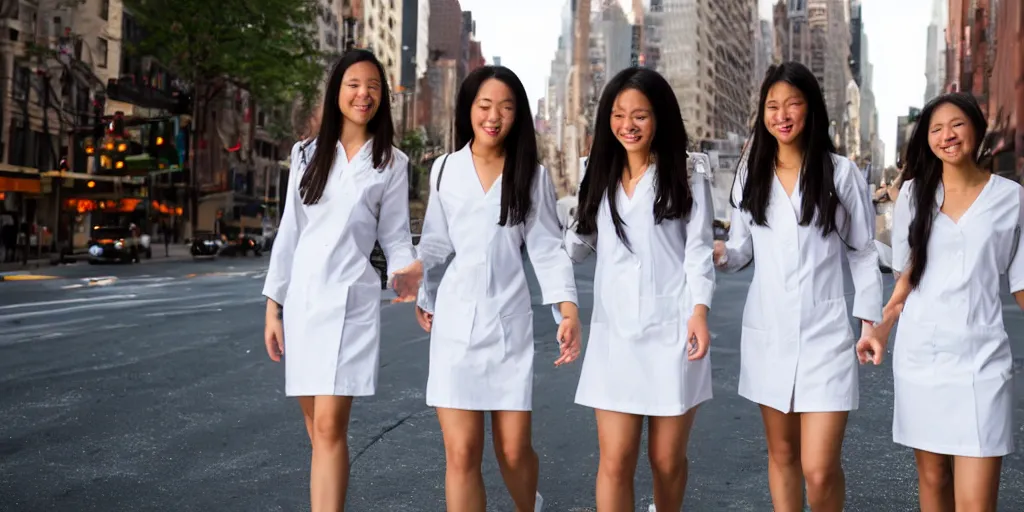 Prompt: 3 beautiful young woman plaque doctors wearing white wet short sun dresses walking toward the camera in the streets of new york, ultra realistic, 8 k, nikon d 3 0 0,