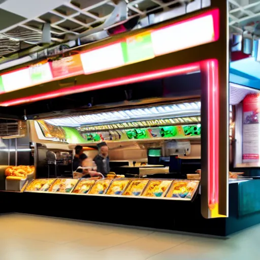 Image similar to futuristic fast food store