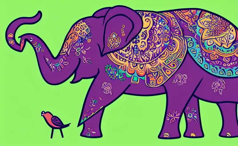 Prompt: a elephant with a bird on top of it on a green meadow, Anthropomorphized, portrait, highly detailed, colorful, illustration, smooth and clean vector curves, no jagged lines, vector art, smooth