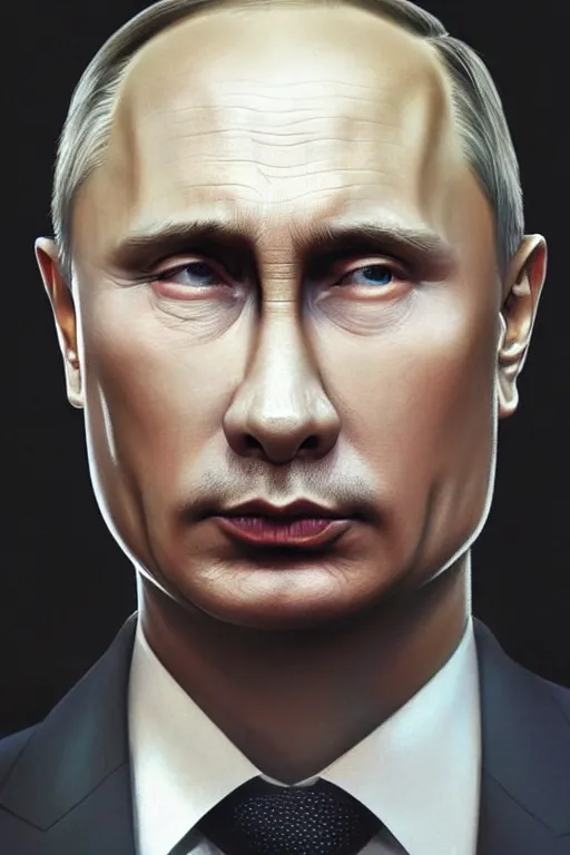 Image similar to vladimir putin with kim jong un hairstyle, realistic portrait, symmetrical, highly detailed, digital painting, artstation, concept art, smooth, sharp focus, illustration, cinematic lighting, art by artgerm and greg rutkowski and alphonse mucha