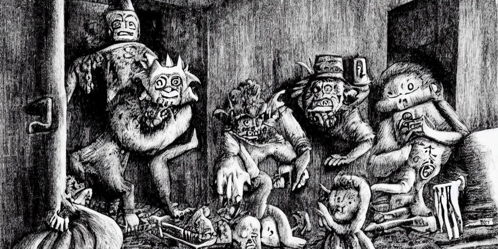 Image similar to Artwork by Maurice Sendak of the cinematic view of the Seventh Terrifying Prison.