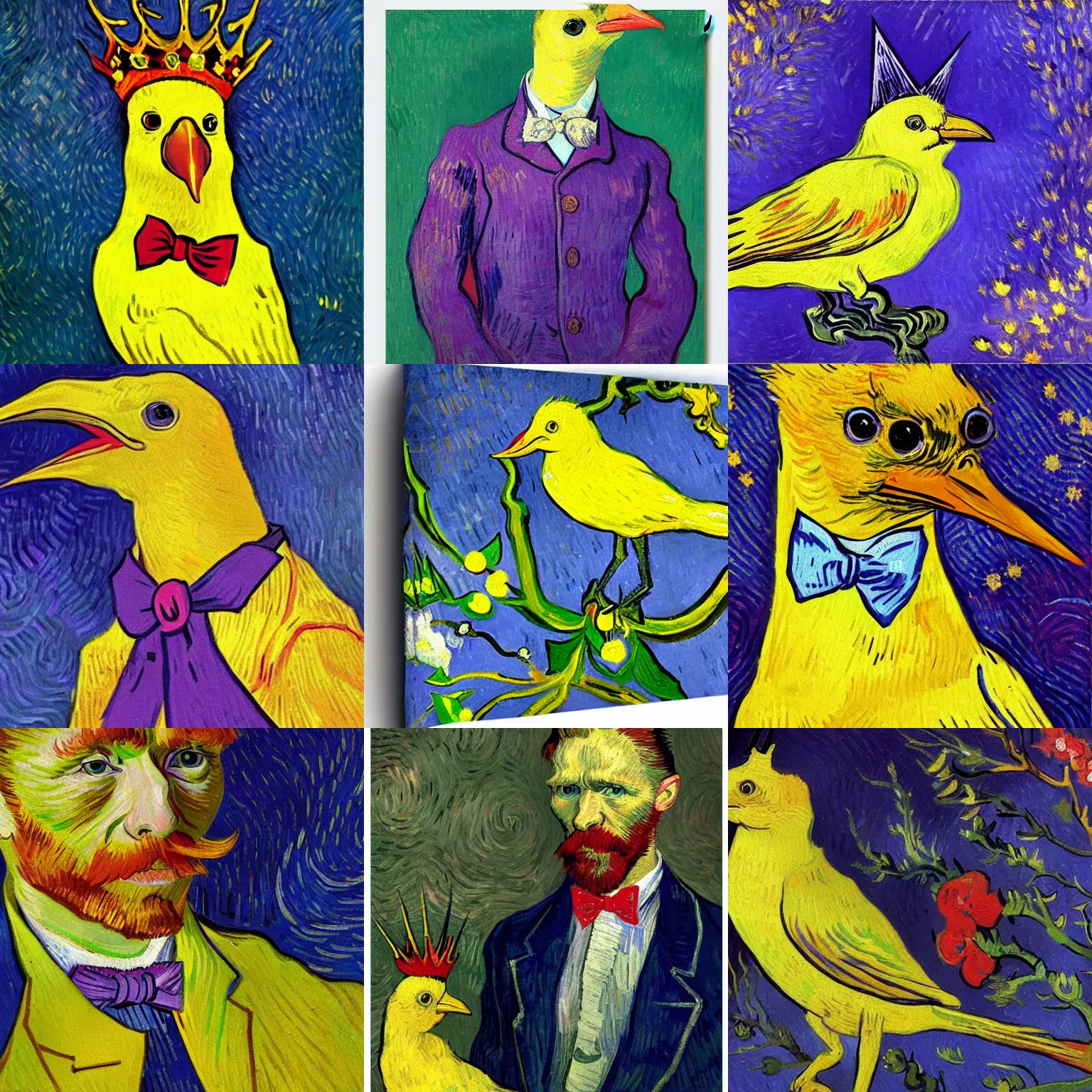 Prompt: an elegant yellow bird with a red bow tie and a crown, painting by vincent van gogh, purple background neoclassical, high quality, detailed, 4k