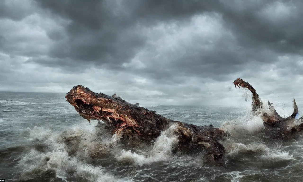 Image similar to a gigantic monster that looks like a mixture of monkfish with crocodile limbs, wet and slimy with a very large mouth, is coming out of the sea dragging its enormous weight with effort on a beach, there are people fleeing in terror, photo-realistic, stormy sky, photo by national geographical