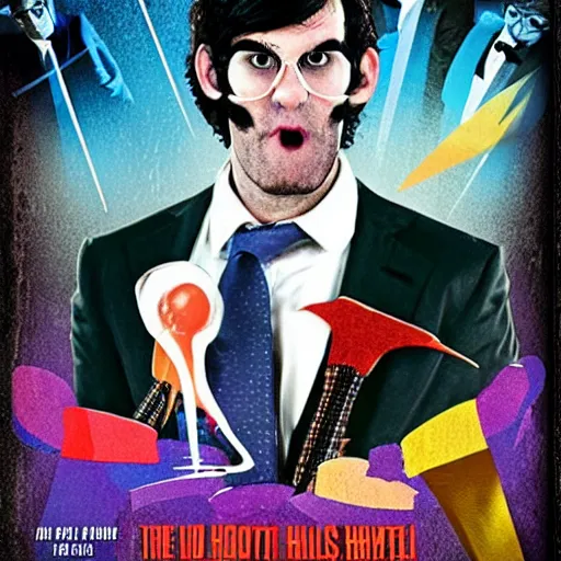 Prompt: tally hall, the band in suits with colorful ties, on a horror movie poster