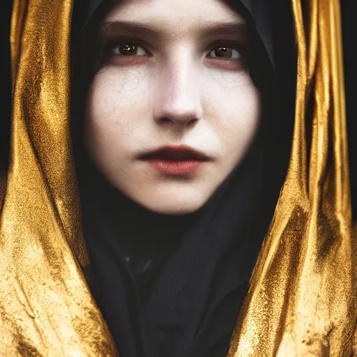 Image similar to a portrait of a young woman wearing a long dark cloak, hood and shadows covering face, holding golden chains, oil painting, matte painting, black background, Volumetric Golden dappled dynamic lighting, Highly Detailed, Cinematic Lighting, Unreal Engine, 8k, HD, by Beksinski