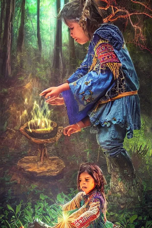 Image similar to photorealistic photo of an aztec sorcerer casting a powerful spell in a dark forest, by lilia alvarado, lilia alvarado art,