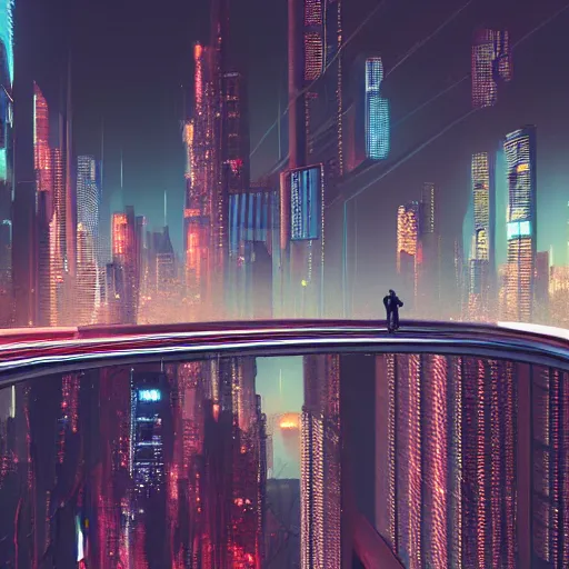 Prompt: A man standing on top of a bridge over a city, cyberpunk art by Vincent Lefevre, behance contest winner, altermodern, cityscape, synthwave, matte painting