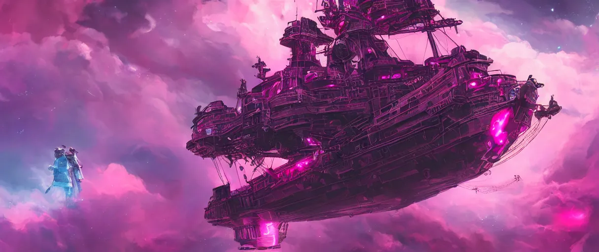 Image similar to heaven pink, portrait punk, pink mohawk, space, hyperdetailed illustration, stars, neon, oil painting, rich deep colors masterpiece, ultra detailed, contrast, clouds, volumetric light, atmospheric lighting, pirate neon ship, dramatic, cinematic, moody, octane render 4 k, 8 k