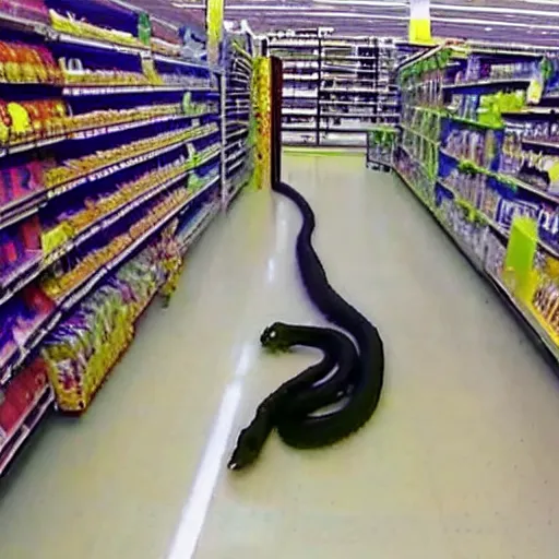 Image similar to cctv footage of large snake in walmart, high angle security camera feed, blurry and glitchy,