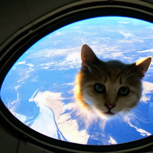 Prompt: cat sitting in front of a window of a spaceship looking down onto earth