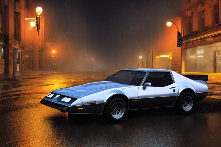 Image similar to hyperdetailed, photorealistic photograph of a 1 9 8 2 pontiac firebird trans - am drifting in the streets, rain, night, dense fog, hd, unreal engine 5 by greg rutowski, by stanley artgerm, by alphonse mucha