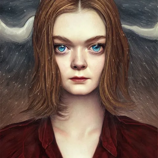 Image similar to professional painting of Elle Fanning in the style of Gerald Brom, head and shoulders portrait, symmetrical facial features, smooth, sharp focus, illustration, intricate, stormy weather, extremely detailed masterpiece,