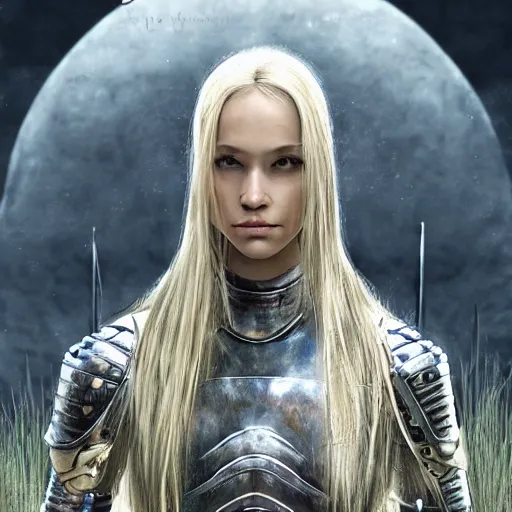 Image similar to female knight in the wild nature, dressed, blonde hair, symmetry, sci - fi, dark fantasy light, perfect composition, 4 k, ultra hd, sense of awe, highly detailed, realistic, intricate, created by wayne barlowe