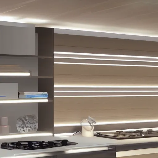 Image similar to led strip lighting on shelving, up close, homes and gardens, super detailed render, award winning