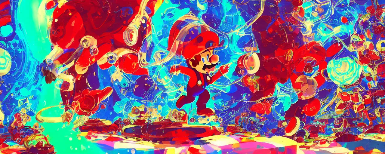 Image similar to red blue green illustration super mario as real human having psychedelic acid trip on lsd sglichy hypnotic fractals spirals with chemical molecules structures. lava lamp shapes by sachin teng and sergey kolesov and ruan jia and heng z. graffiti art, scifi, fantasy, hyper detailed. octane render. concept art. trending on artstation