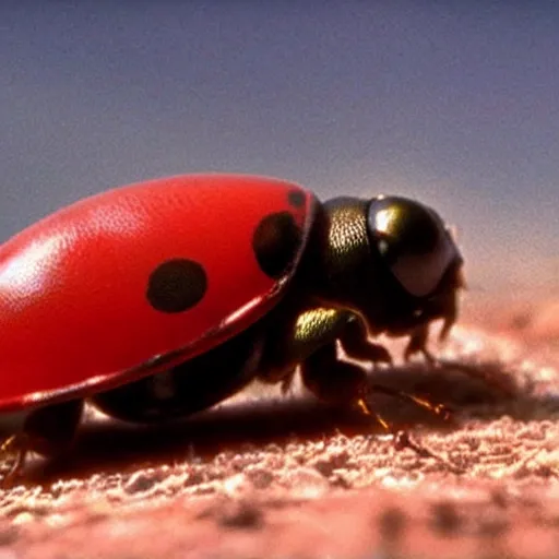 Prompt: promotional still wide angle, a mountain - sized ladybug with three legs roams a barren wasteland, dramatic lighting, ( e. t. the extra - terrestrial ), batteries not included, harry potter, imax, 7 0 mm.