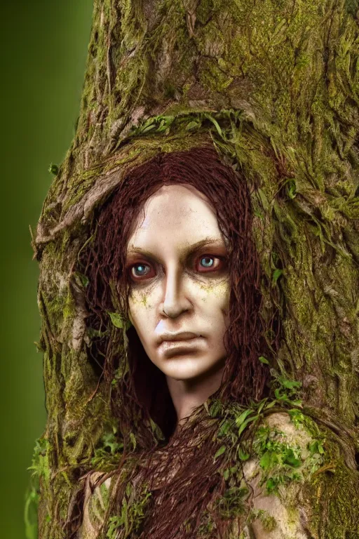 Prompt: A hyper real photo of a female dryad, whose face is made of wood, rendered in unreal, 4k, subtle horror theme, menacing.