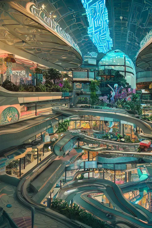 Prompt: render of a cybertron aesthetic indoor liminal retro futuristic mall with a lazy river, long shot, cinematography by Wes Anderson, 4k octane render, intricate detail, photorealistic , cinematic lighting, Artstation