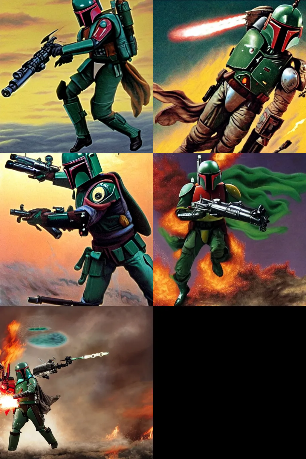 Prompt: Boba Fett flying and using his flamethrower