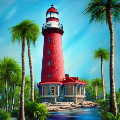 Prompt: painting of universal's islands of adventure lighthouse, universal orlando, artstation