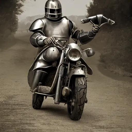 Image similar to medieval knight riding on a motorcycle