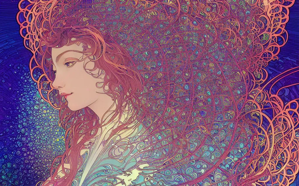 Prompt: wave, particle, synth, frequencies, pattern, oscillation. wave-particle duality. colorful, vibrant. fractal gems, fractal crystals, stunning, cinematic, amazing details, by alphonse mucha, by jean giraud and by james jean, by ross tran