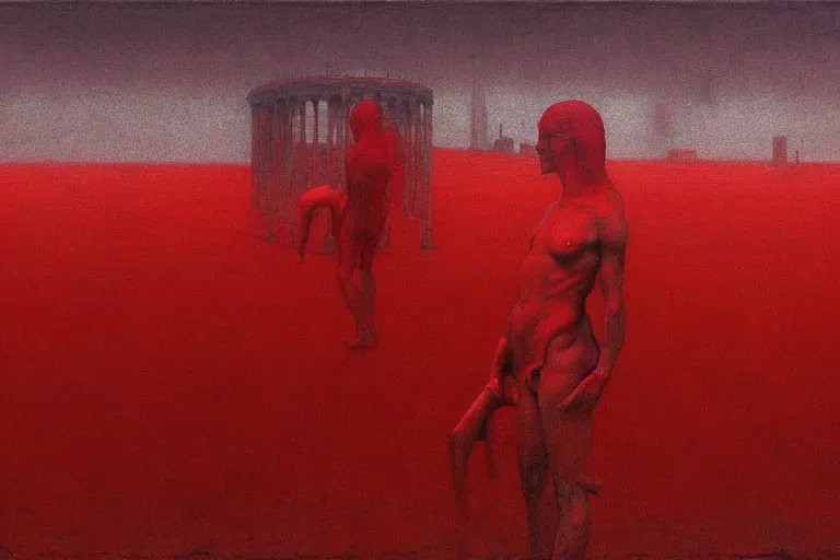 Image similar to only with red, caesar after war, the deal, a red tiger, in hoc signo vinces, rome in background, an ancient path, in the style of beksinski, part by hopper, part by rodcenko, part by hofbauer, intricate composition, red by caravaggio, insanely quality, highly detailed, masterpiece, red light, artstation