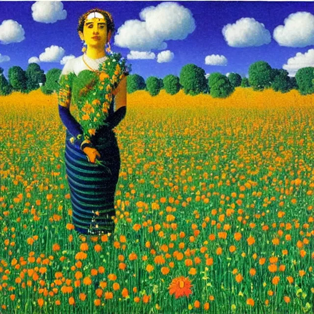 Prompt: hindu goddess in distance looking at you in beautiful meadow of flower, detailed painting by rene magritte