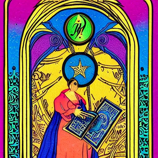 Image similar to Arcane Tarot, frame intricated, vivid colors, detailed decorative flourishes, symmetrical centered