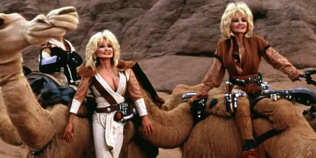 Image similar to Dolly Parton is riding a camel in a Star Wars fight scene, holding lightsaber, X-wing Starfighter