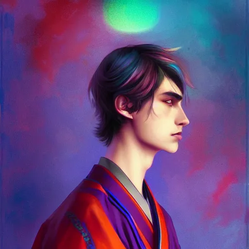 Image similar to colorful and festive captivating teenager boy with straight indigo hair, purple eyes with red eye markers, slim body, wearing a detailed japanese kimono. rich vivid colors, ambient lighting, dynamic lighting, 4 k, atmospheric lighting, painted, intricate, highly detailed by charlie bowater