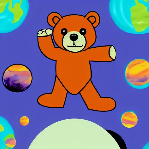 Image similar to cartoon animated illustration of a bear mascot being launched from a futuristic marble planet, purple and orange cloudland