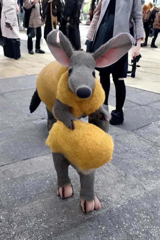 Prompt: an adorable, fashionable aardvark,standing on the street in the Harajuku district