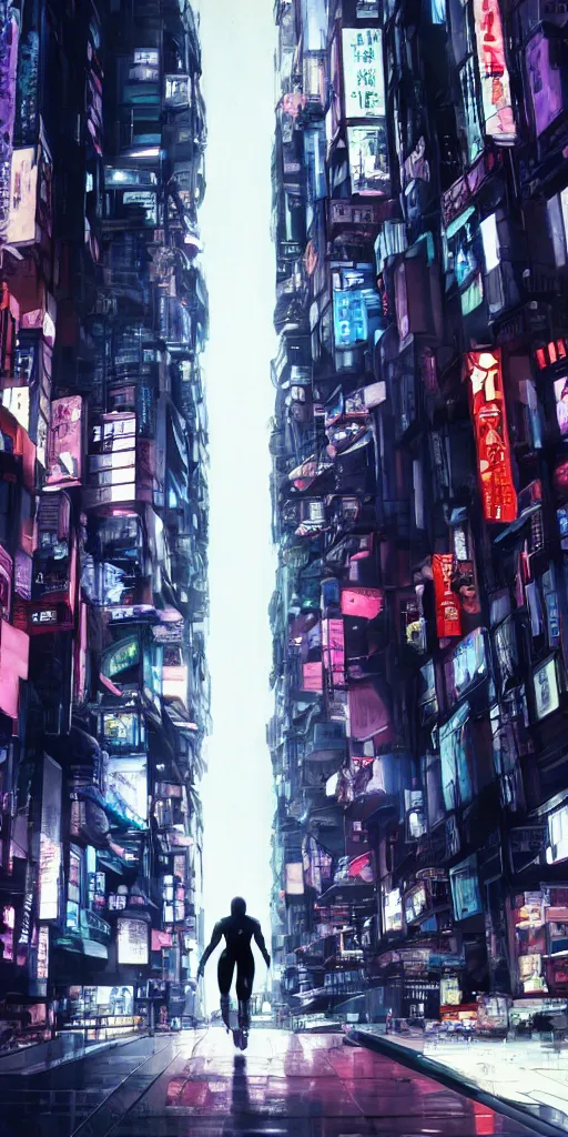 Image similar to ghost in the shell. cyborg running down the narrow street. cyberpunk city.