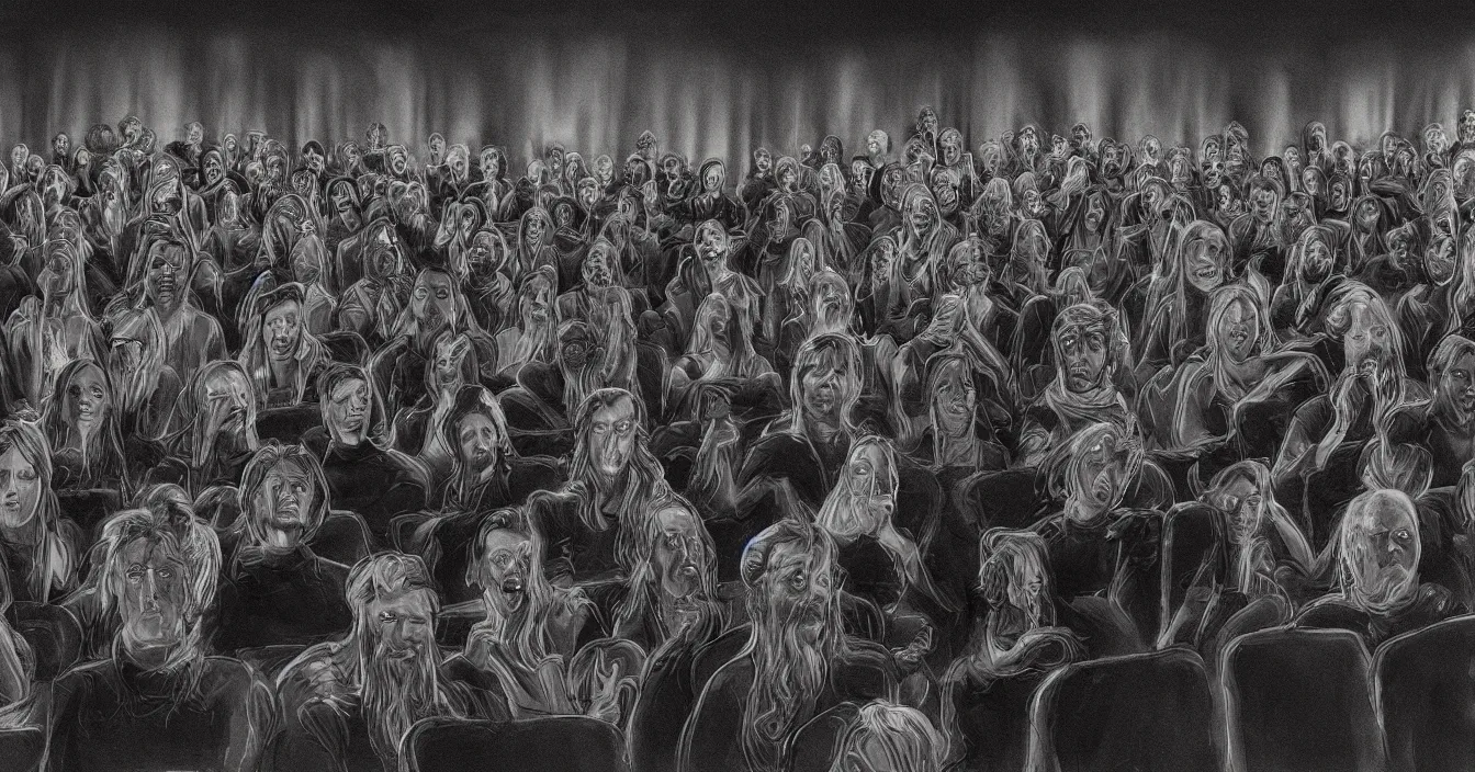 Prompt: rear view of the seated souls in the cinema watching volumetric light of consciousness projecting illusions of their lives on the big screen, trapped ego, realistic, deep sense of spirituality, visual plasticity, shading in vray, style of arthur adams
