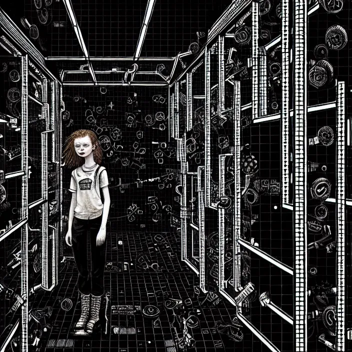 Image similar to sadie sink as a miner inside a minimalist steampunk automated kiosk room considers food options to choose from. black tiles on walls, bright foods displayed on a wall. wide angle lens. black and white, pencil and ink. scifi cyberpunk. by gabriel hardman, joe alves, chris bonura. cinematic atmosphere, detailed and intricate, perfect anatomy