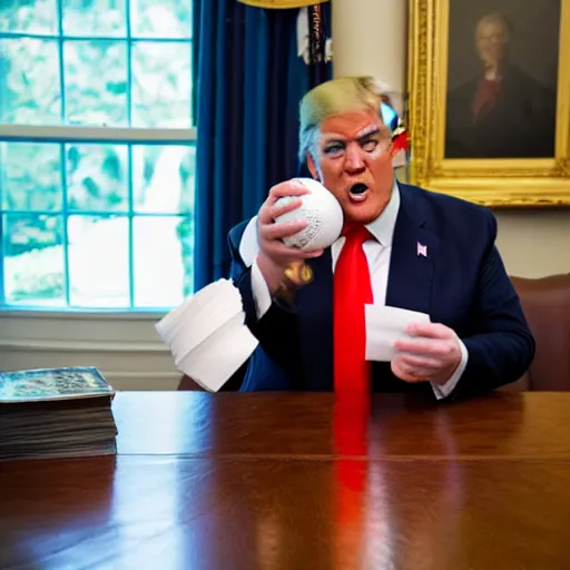 Prompt: candid portrait photo of president trump shoving a ball of paper into his mouth, eating a wad of paper, detailed portrait, 4 k, megapixel, sony a 7 s, f / 8, 2 4 mm lens