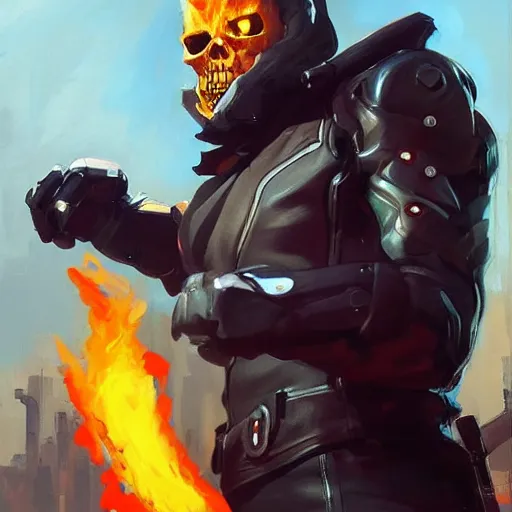 Image similar to greg manchess portrait painting of ghost rider as overwatch character, medium shot, asymmetrical, profile picture, organic painting, sunny day, matte painting, bold shapes, hard edges, street art, trending on artstation, by huang guangjian and gil elvgren and sachin teng