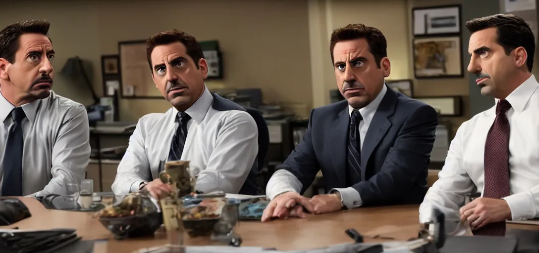 Image similar to a very high resolution image of tony stark and micheal scott. from an episode of the office. photorealistic, photography