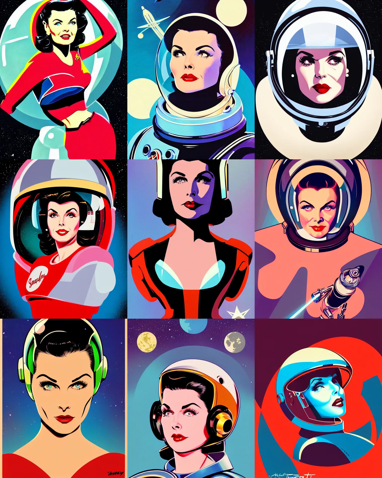 Prompt: sherilyn fenn 2 6 years old astronaut, retro space helmet, buck rogers. forbidden planet 1 9 5 6, retro futurism 1 9 5 0 s, half portrait by stanley artgerm, dramatic lighting, ilya kuvshinov, trending on artstation, flat colour, geometric curves, gradient filter, pleasing tone colours, dan dare comic